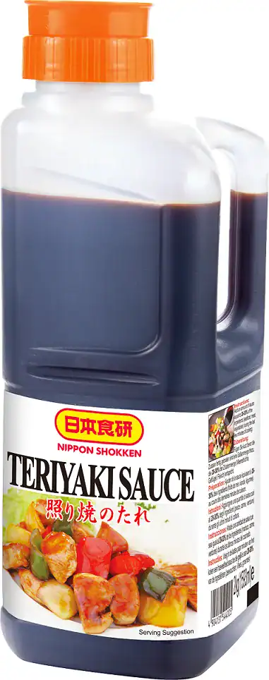 Nippon Shokken Teriyaki Sauce, a dark soy-based glaze, in a handled bottle with an orange cap