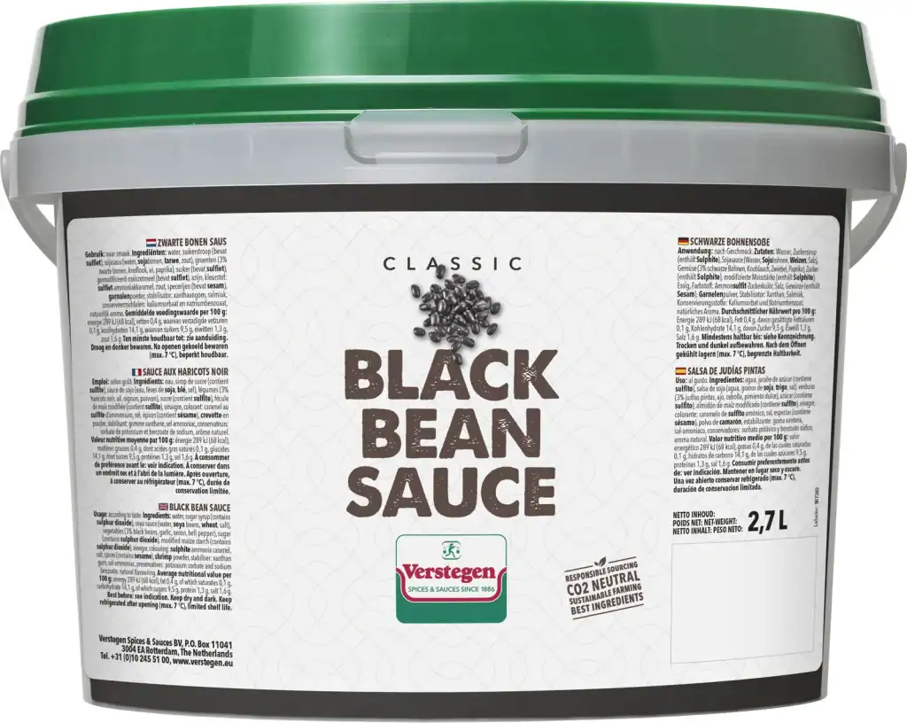 2.7 litre tub of Verstegen Classic Black Bean Sauce, on a soy sauce base