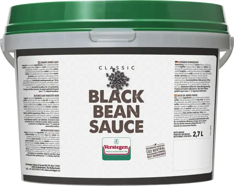 2.7 litre tub of Verstegen Classic Black Bean Sauce, on a soy sauce base