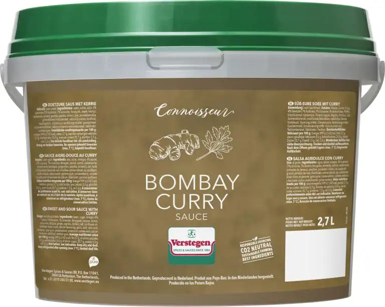 2.7 litre tub of Verstegen Connoisseur Bombay Curry Sauce, a sweet and sour sauce with turmeric, coriander and cardamom