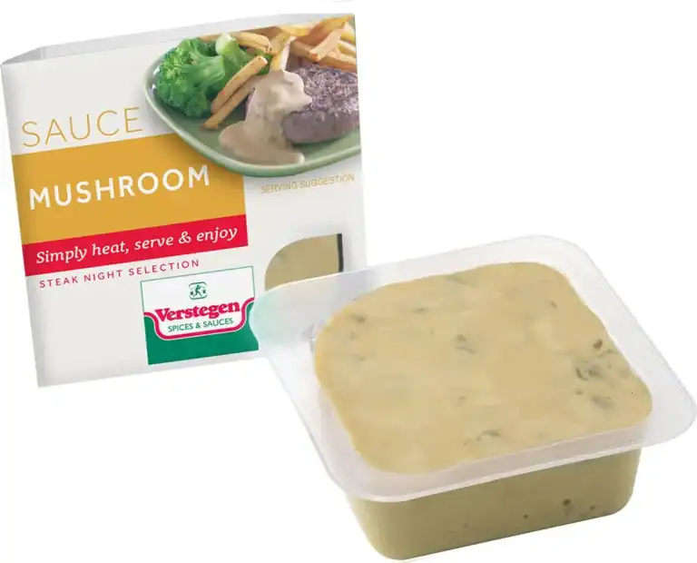 Verstegen Mushroom sauce in a clear microwave tub beside its Steak Night Selection carton