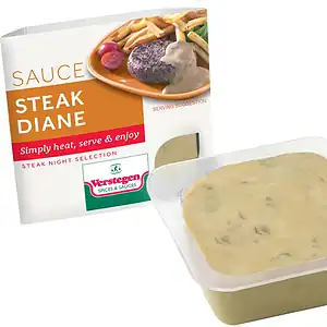 Verstegen Steak Diane sauce in a clear microwave tub beside its Steak Night Selection carton