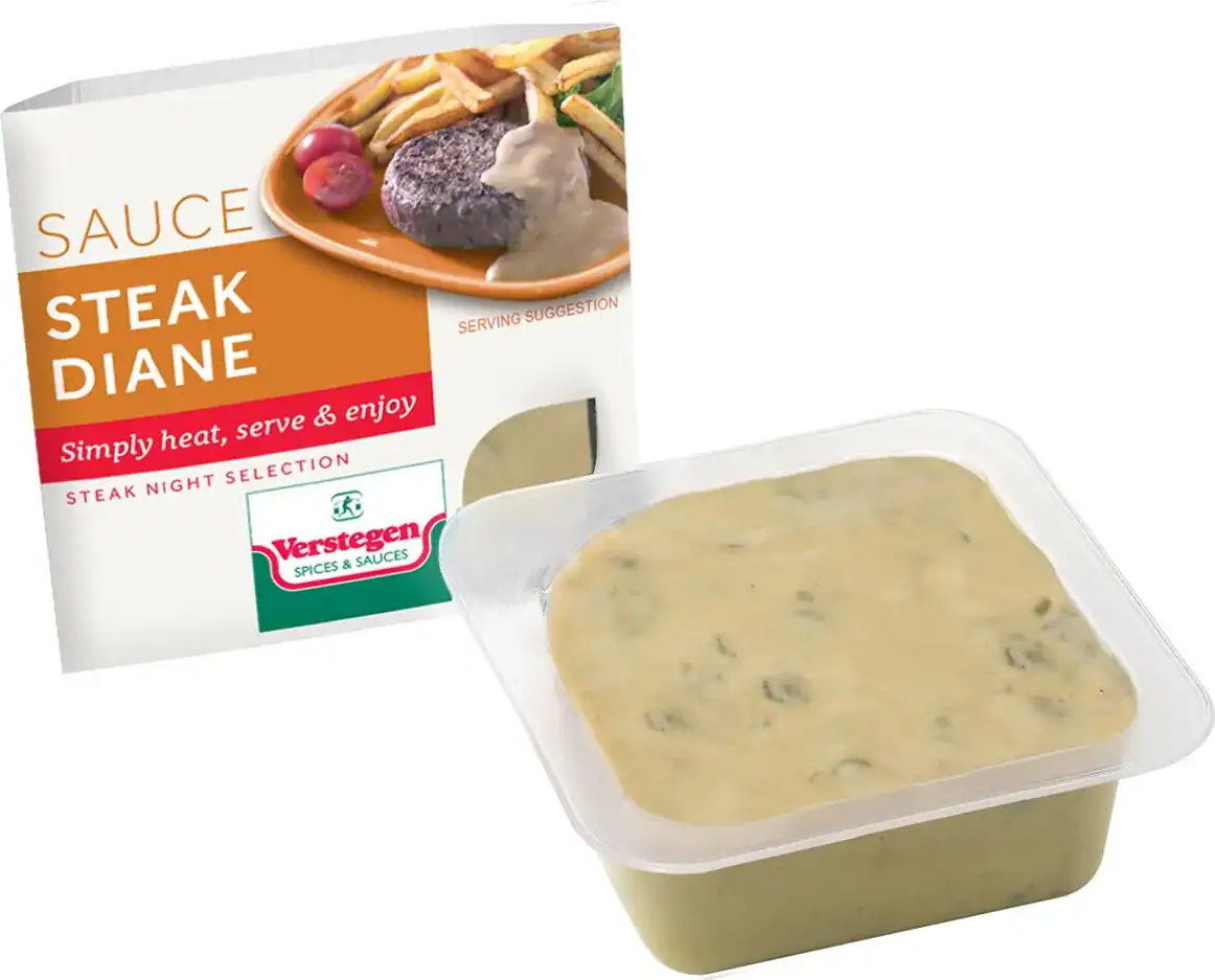 Verstegen Steak Diane sauce in a clear microwave tub beside its Steak Night Selection carton