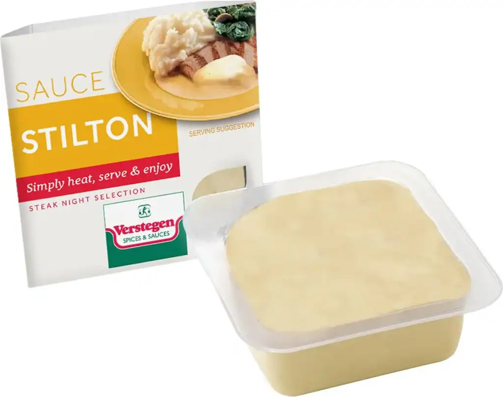 Verstegen Stilton sauce in a clear microwave tub beside its Steak Night Selection carton