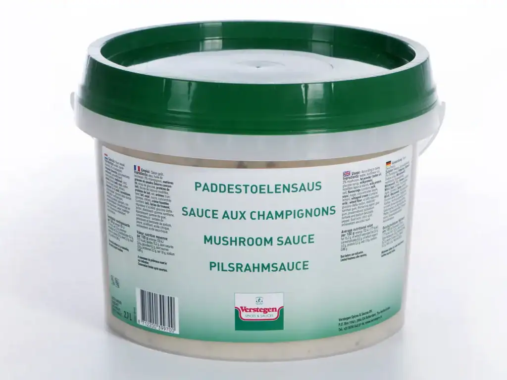 2.7 litre tub of Verstegen Mushroom Sauce, a mushroom cream sauce, with a green lid