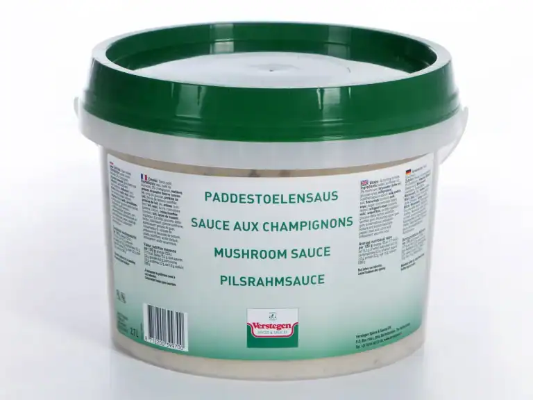 2.7 litre tub of Verstegen Mushroom Sauce, a mushroom cream sauce, with a green lid
