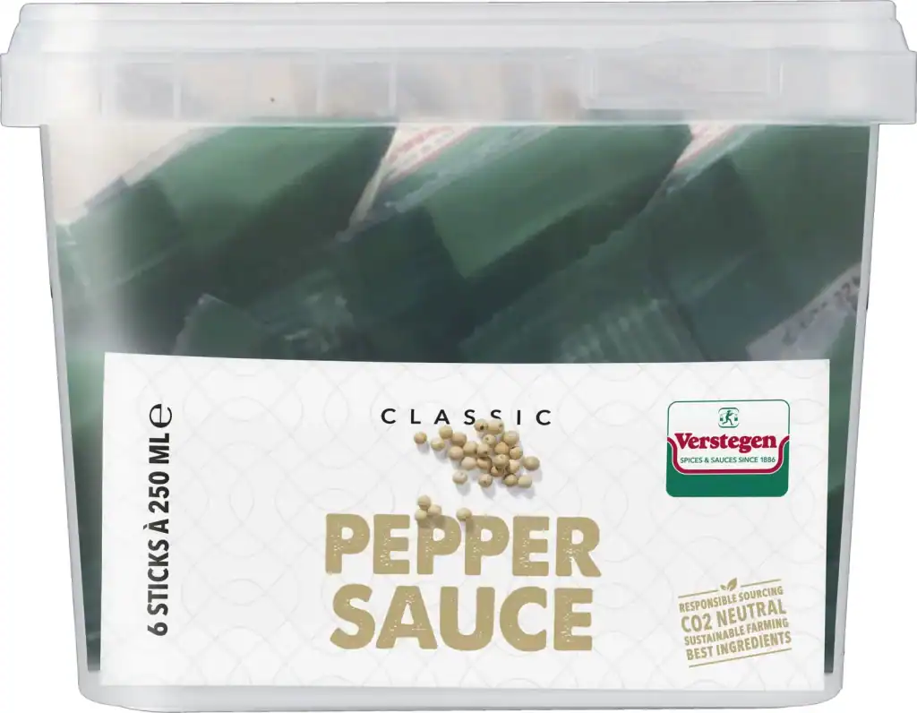 Verstegen Classic Pepper Sauce, six pourable 250ml sticks packed in a clear lidded tub
