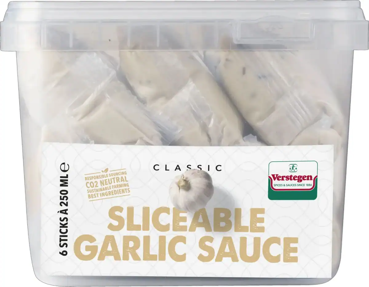 Verstegen Classic Sliceable Garlic Sauce, six 250ml sticks packed in a clear lidded tub