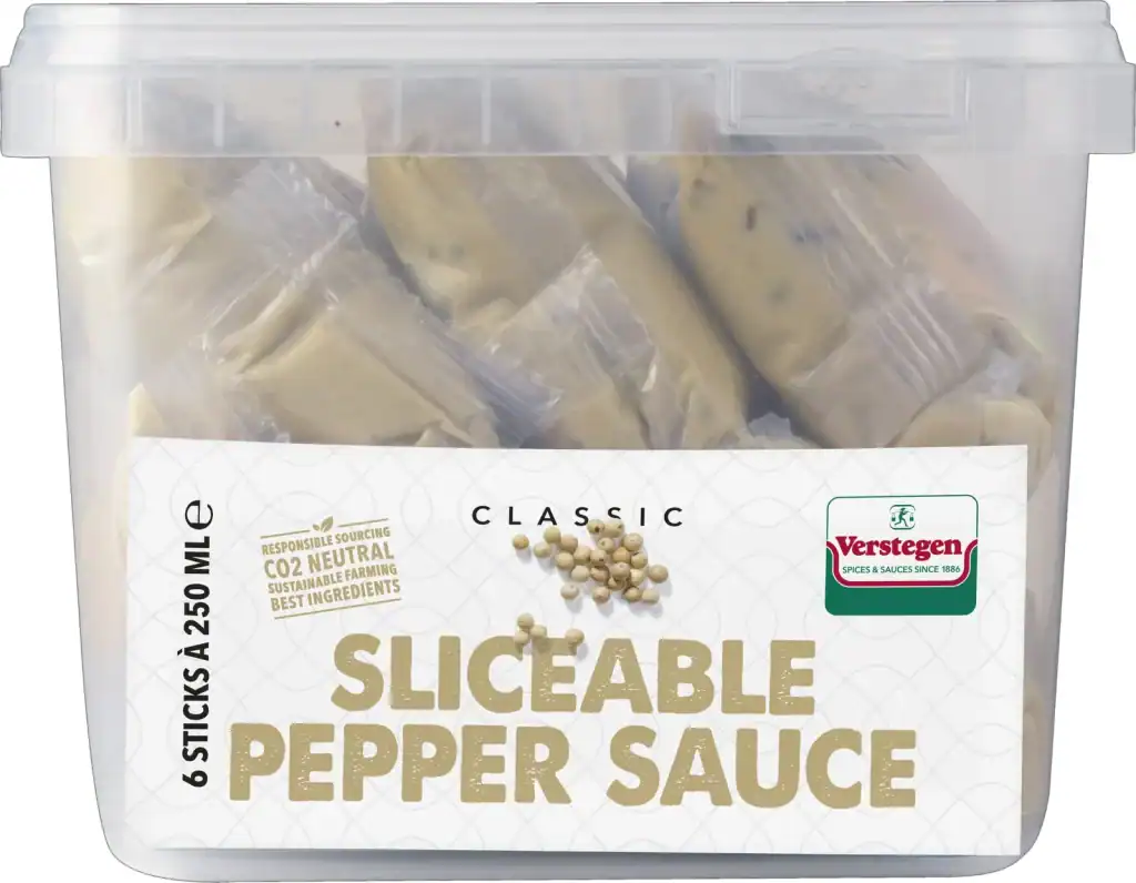 Verstegen Classic Sliceable Pepper Sauce, six 250ml sticks packed in a clear lidded tub