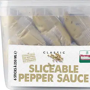 Verstegen Classic Sliceable Pepper Sauce, six 250ml sticks packed in a clear lidded tub
