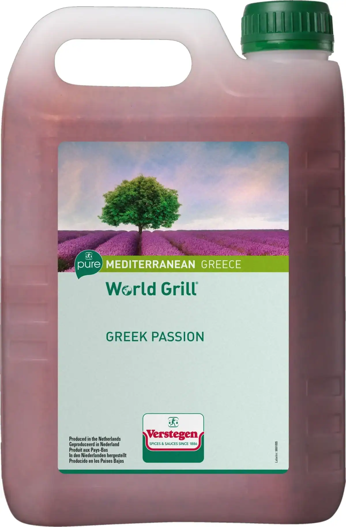2.5 litre jerrycan of Verstegen World Grill Greek Passion marinade, dusky pink