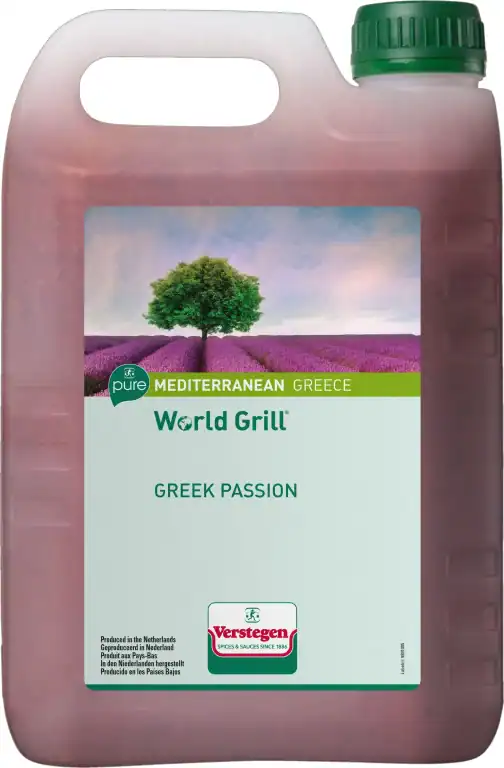 2.5 litre jerrycan of Verstegen World Grill Greek Passion marinade, dusky pink