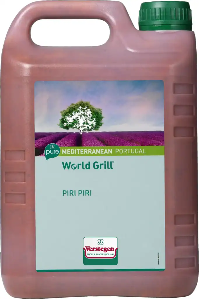 2.5 litre jerrycan of Verstegen World Grill Piri-Piri marinade, deep brick red