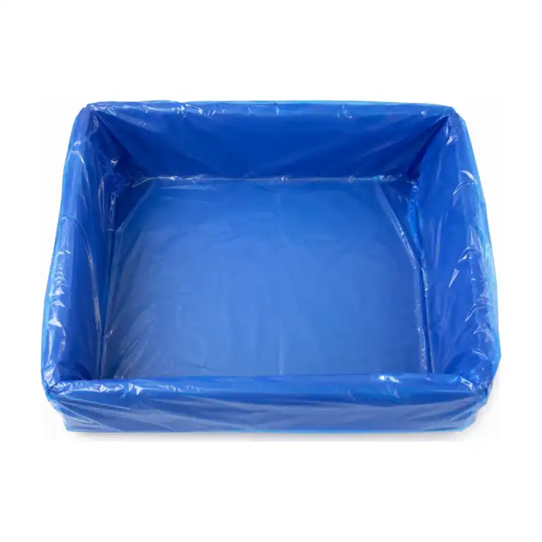Blue-tinted polythene box liner, opened out to line a standard meat box