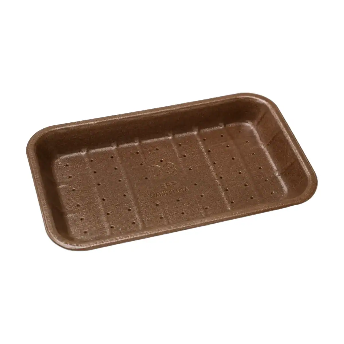 Brown recyclable EPP meat tray embossed D3, with a perforated base