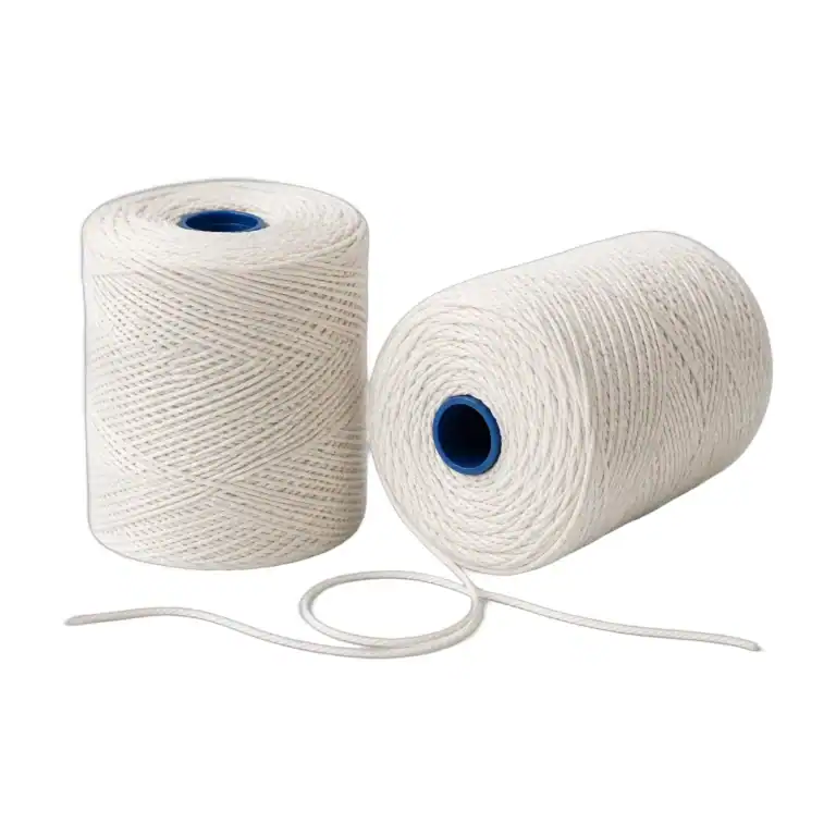 Two balls of white No 5 butchers string on blue plastic cores, one unwound