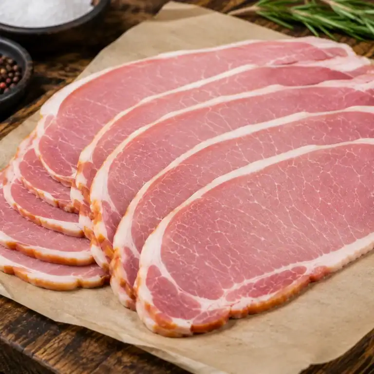 Slices of cured back bacon fanned out on parchment, with bowls of salt and peppercorns alongside