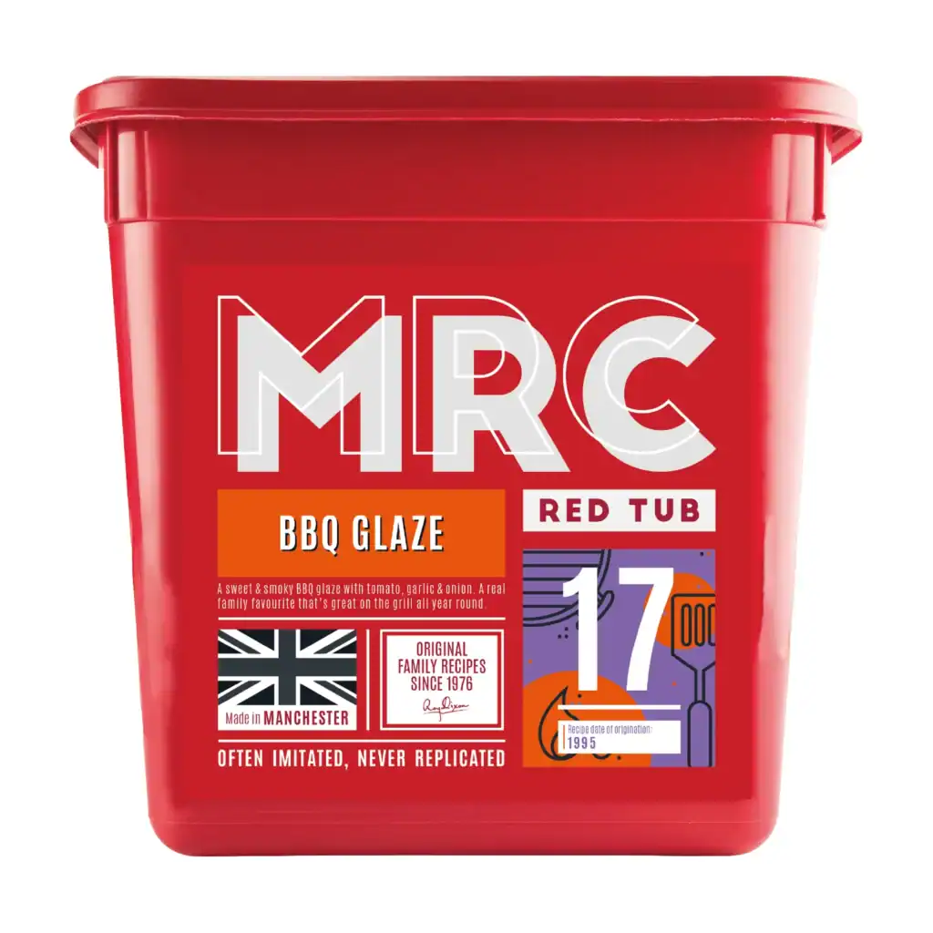 FlavaGlaze Barbecue, a sweet and smoky tomato, garlic and onion glaze, in a red 2.5kg MRC tub