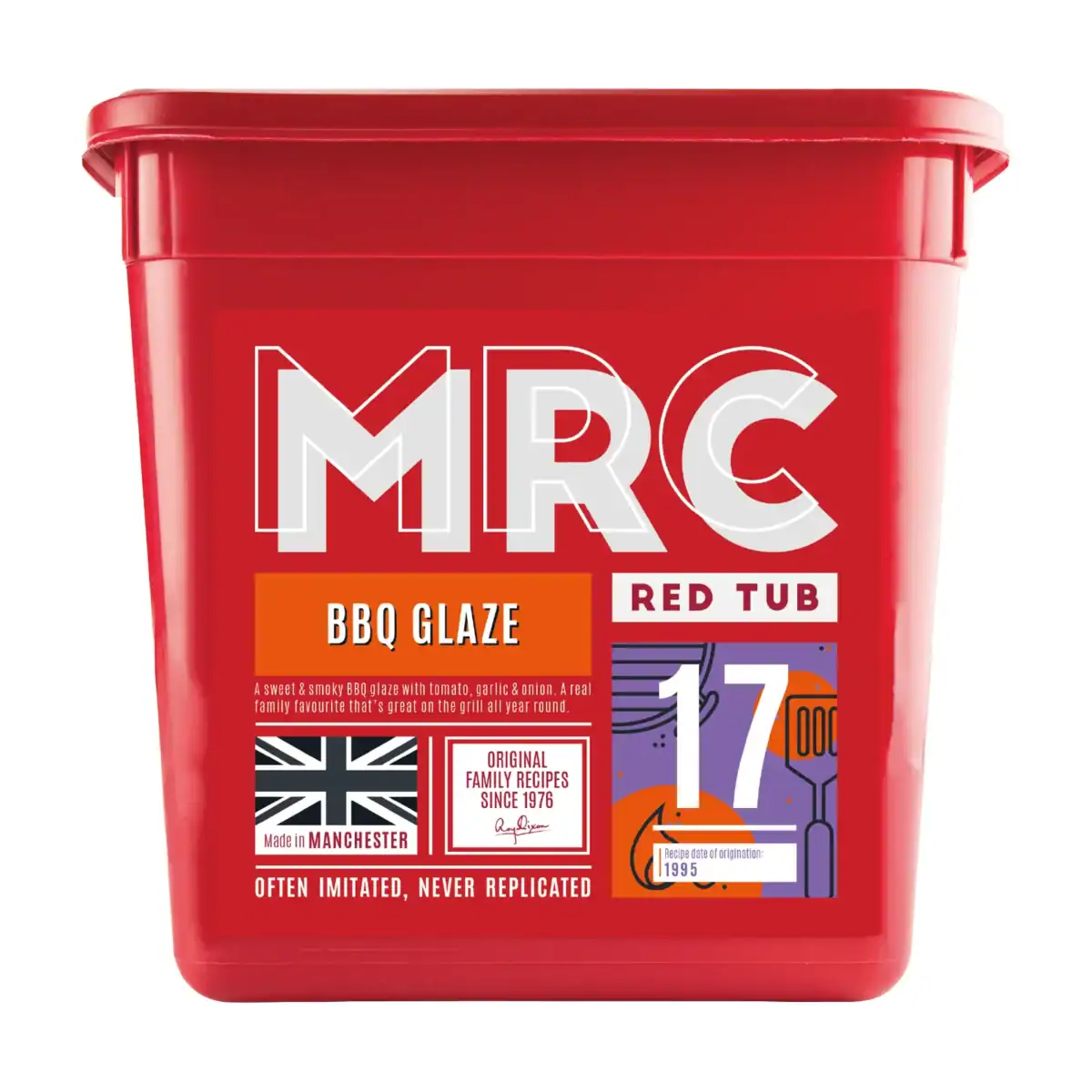 FlavaGlaze Barbecue, a sweet and smoky tomato, garlic and onion glaze, in a red 2.5kg MRC tub