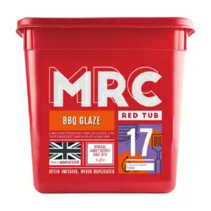 FlavaGlaze Barbecue, a sweet and smoky tomato, garlic and onion glaze, in a red 2.5kg MRC tub