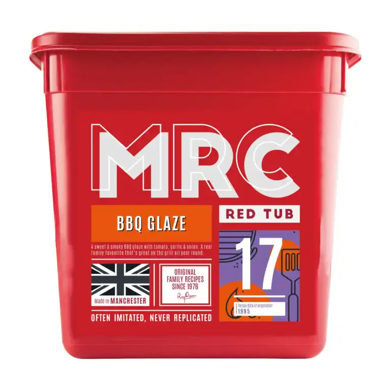 FlavaGlaze Barbecue, a sweet and smoky tomato, garlic and onion glaze, in a red 2.5kg MRC tub