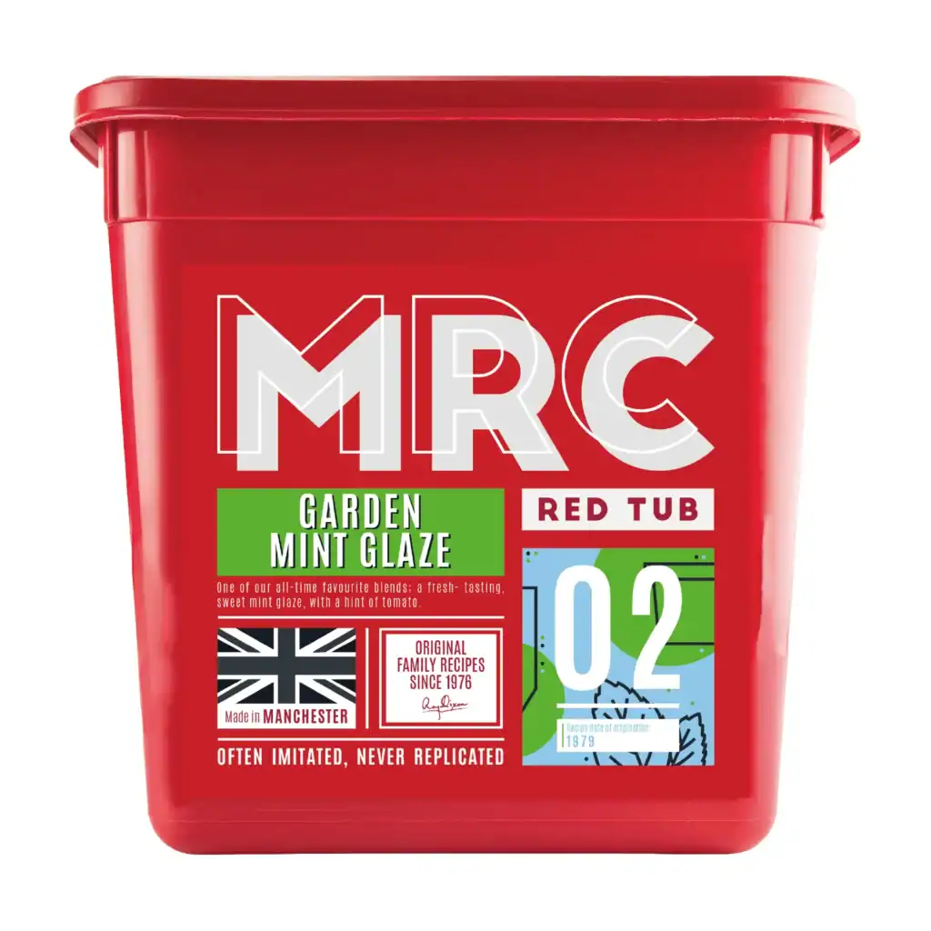 FlavaGlaze Garden Mint, a sweet mint glaze with a hint of tomato, in a red MRC tub