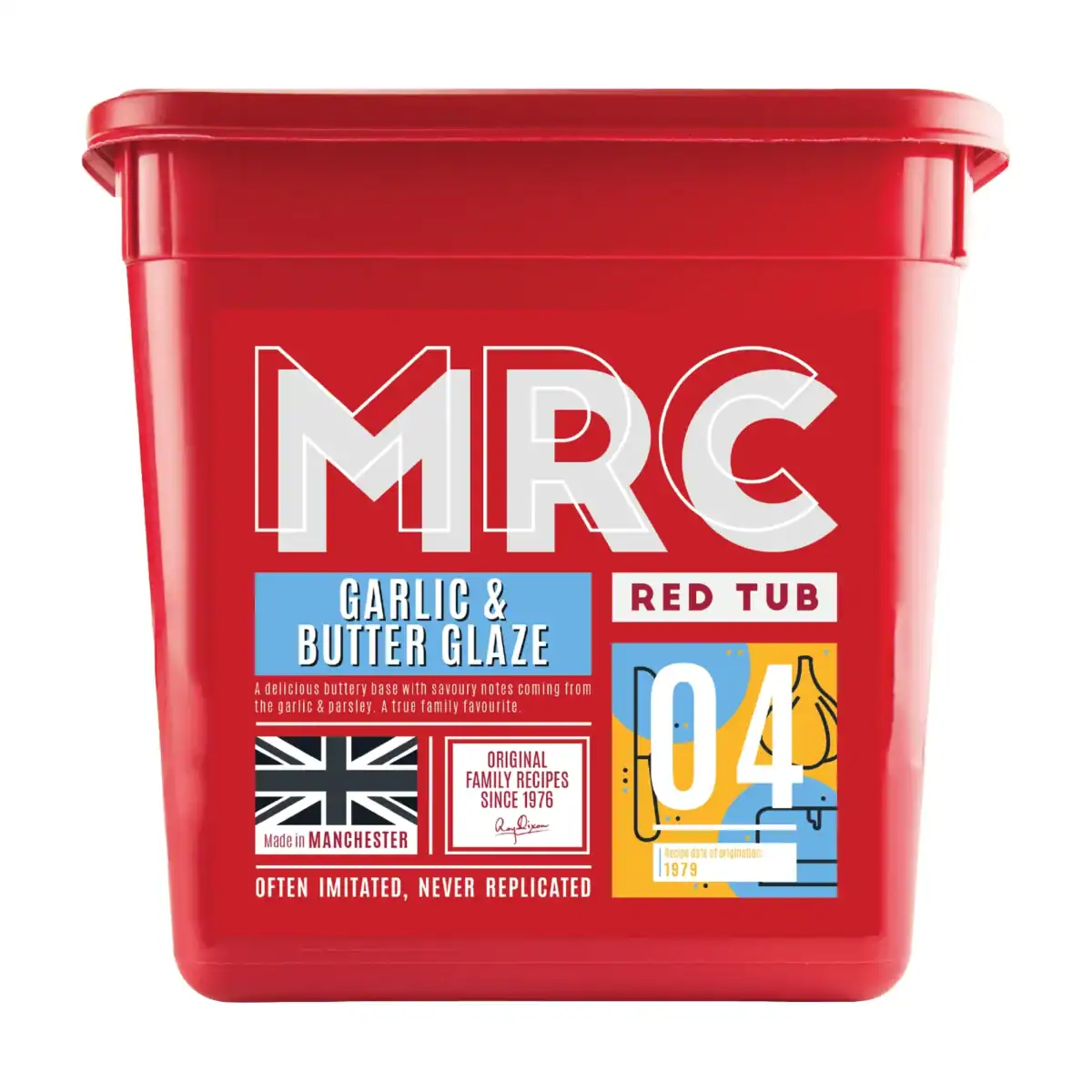 FlavaGlaze Garlic & Butter, a buttery glaze with garlic and parsley, in a red 2.5kg MRC tub