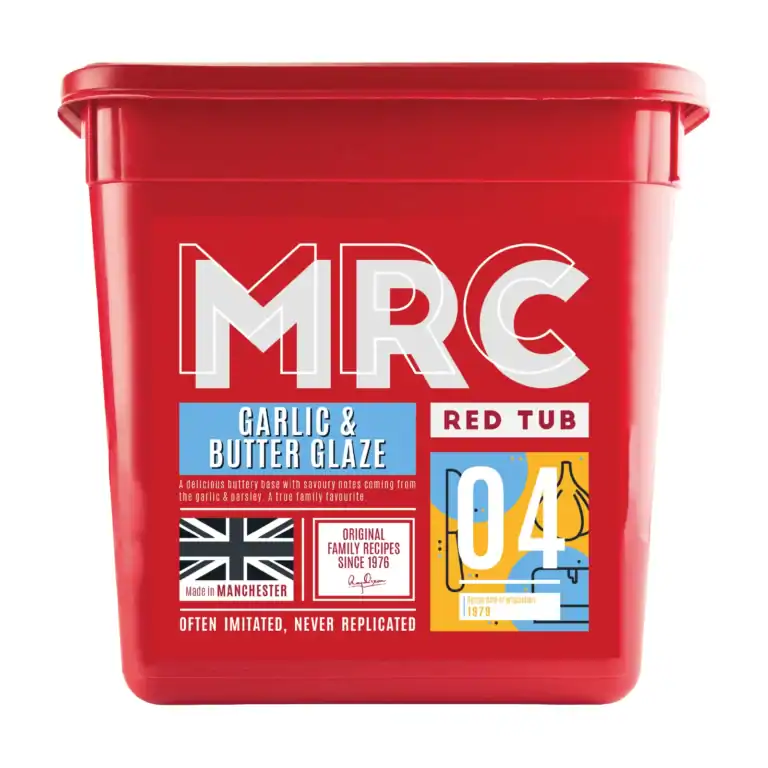 FlavaGlaze Garlic & Butter, a buttery glaze with garlic and parsley, in a red 2.5kg MRC tub