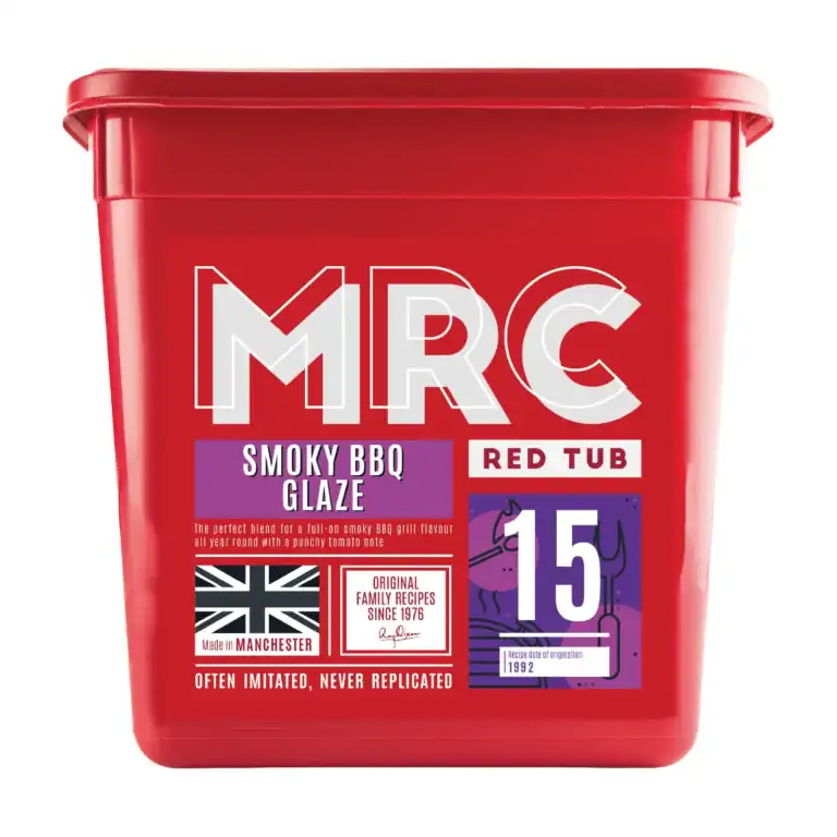 FlavaGlaze Smoky BBQ, a smoky grill glaze with a punchy tomato note, in a red 2.5kg MRC tub