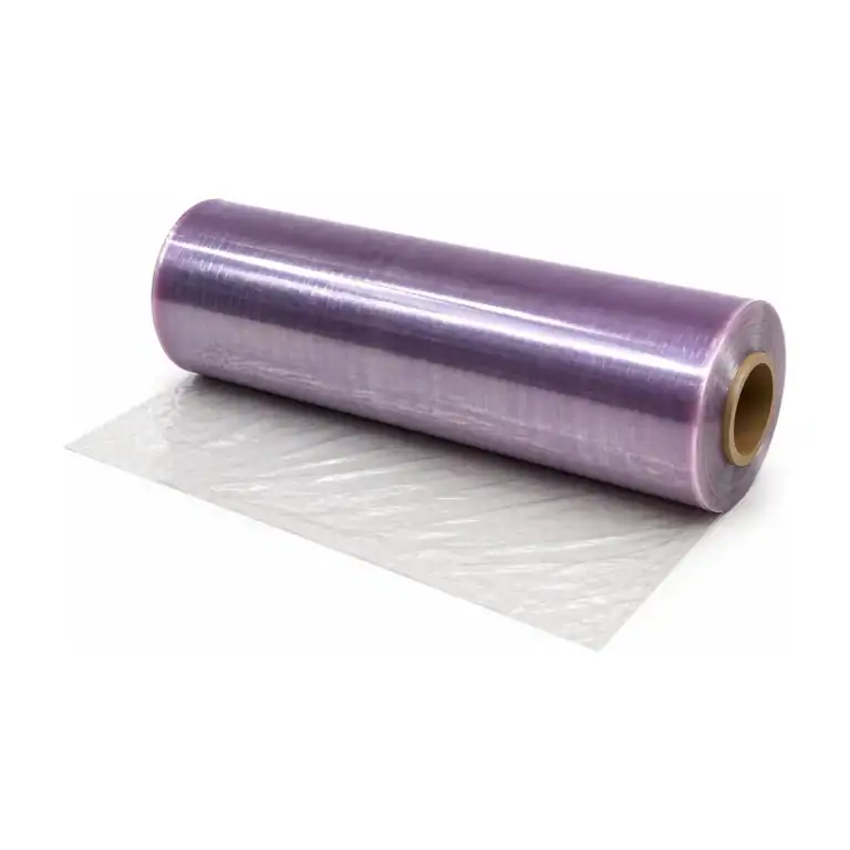 Roll of clear meat wrapping film on a cardboard core, partly unrolled