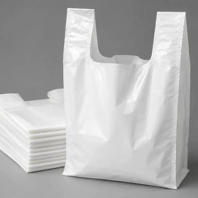 Plain white vest carrier bag standing open beside a folded stack of the same bags