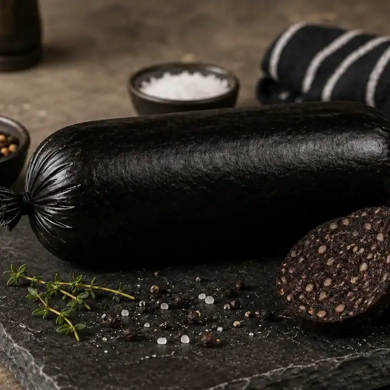 Black pudding in its casing on slate, sliced to show the oat and fat texture
