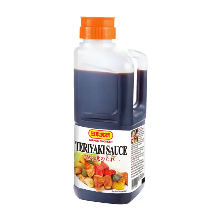 Nippon Shokken Teriyaki Sauce, a dark soy-based glaze, in a handled bottle with an orange cap