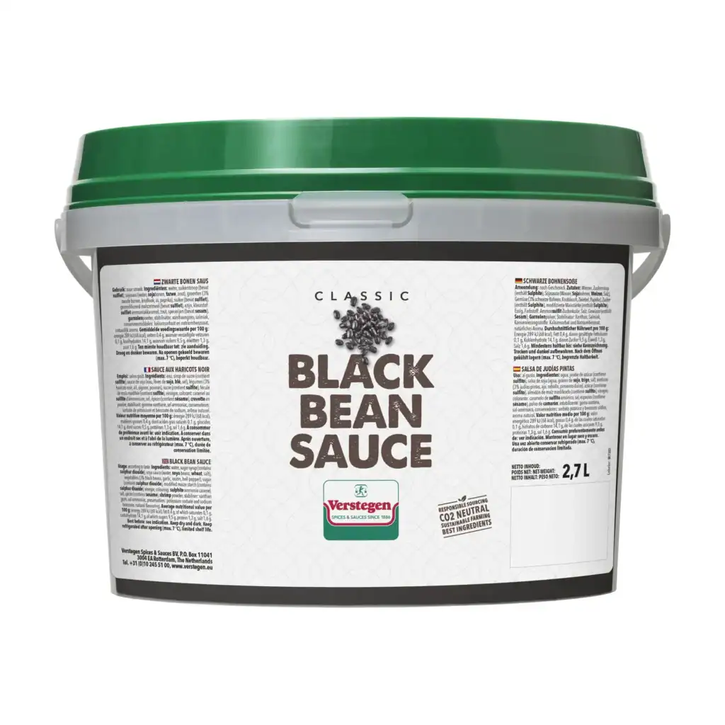 2.7 litre tub of Verstegen Classic Black Bean Sauce, on a soy sauce base