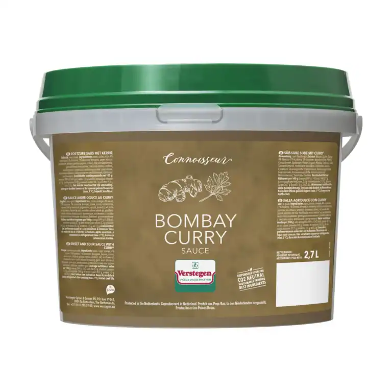 2.7 litre tub of Verstegen Connoisseur Bombay Curry Sauce, a sweet and sour sauce with turmeric, coriander and cardamom