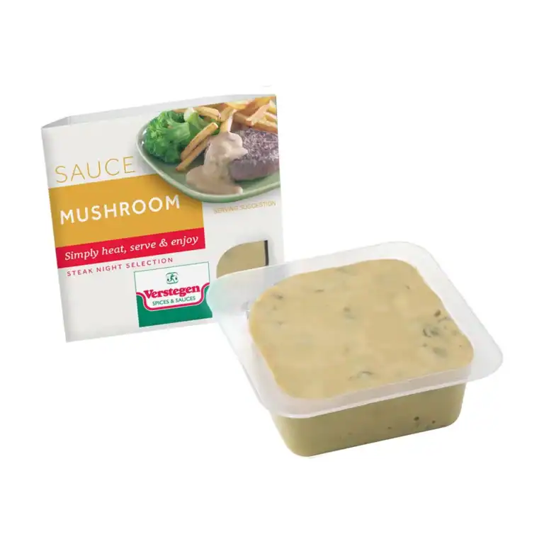 Verstegen Mushroom sauce in a clear microwave tub beside its Steak Night Selection carton