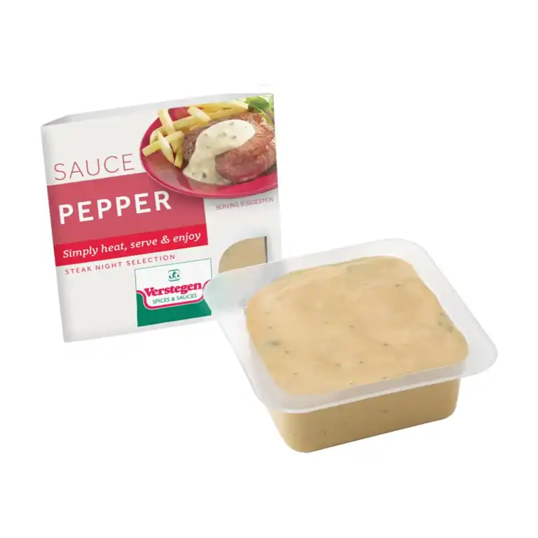 Verstegen Pepper sauce in a clear microwave tub beside its Steak Night Selection carton