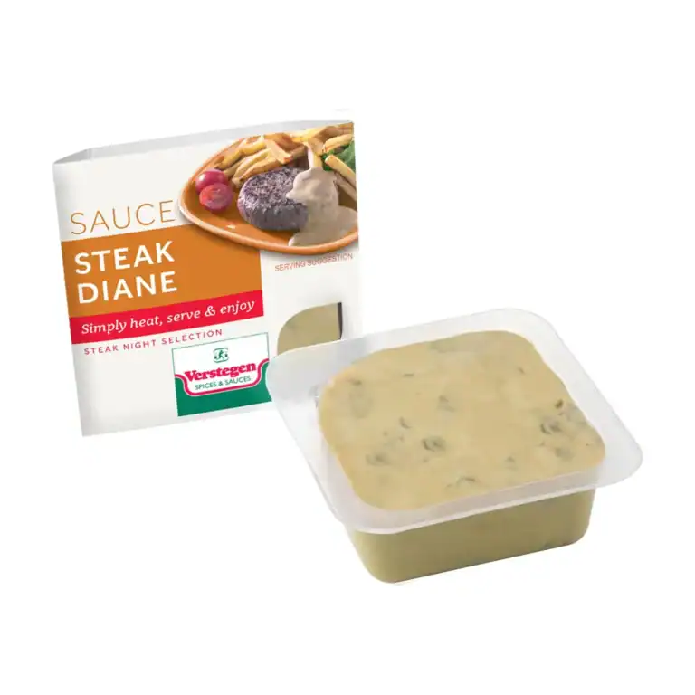 Verstegen Steak Diane sauce in a clear microwave tub beside its Steak Night Selection carton