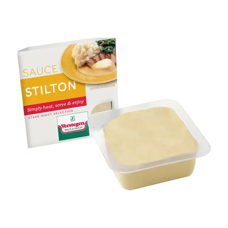 Verstegen Stilton sauce in a clear microwave tub beside its Steak Night Selection carton