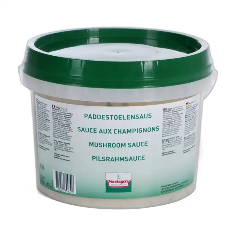 2.7 litre tub of Verstegen Mushroom Sauce, a mushroom cream sauce, with a green lid