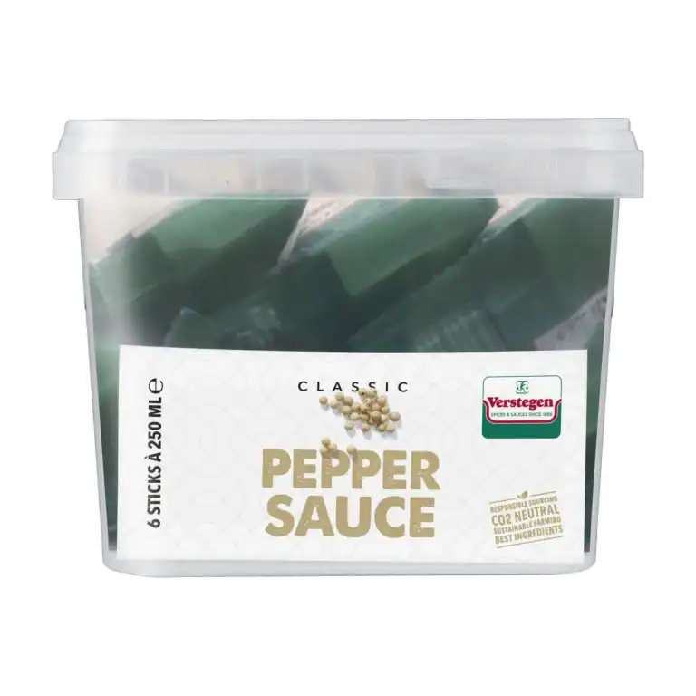 Verstegen Classic Pepper Sauce, six pourable 250ml sticks packed in a clear lidded tub