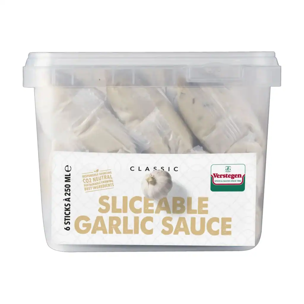 Verstegen Classic Sliceable Garlic Sauce, six 250ml sticks packed in a clear lidded tub