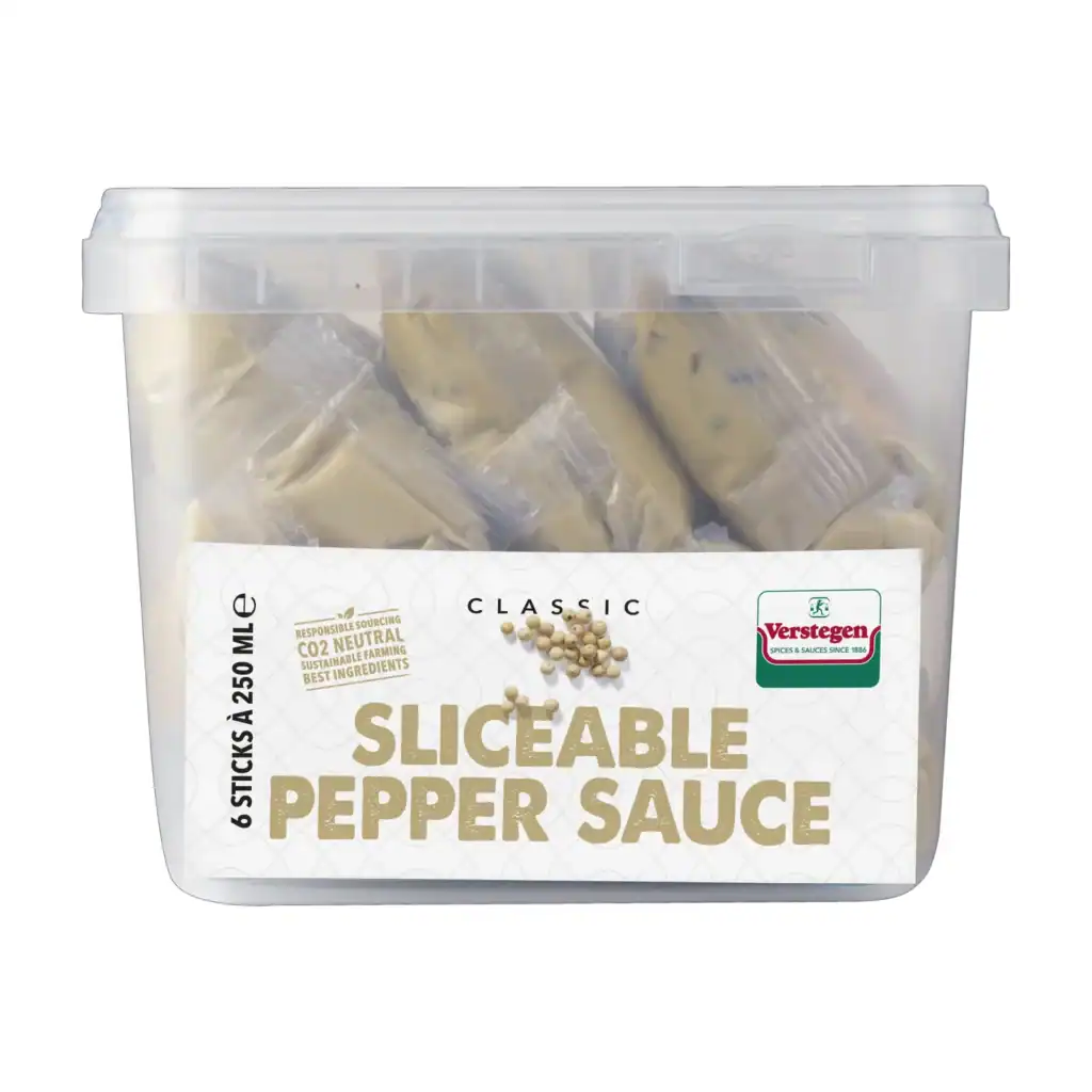 Verstegen Classic Sliceable Pepper Sauce, six 250ml sticks packed in a clear lidded tub