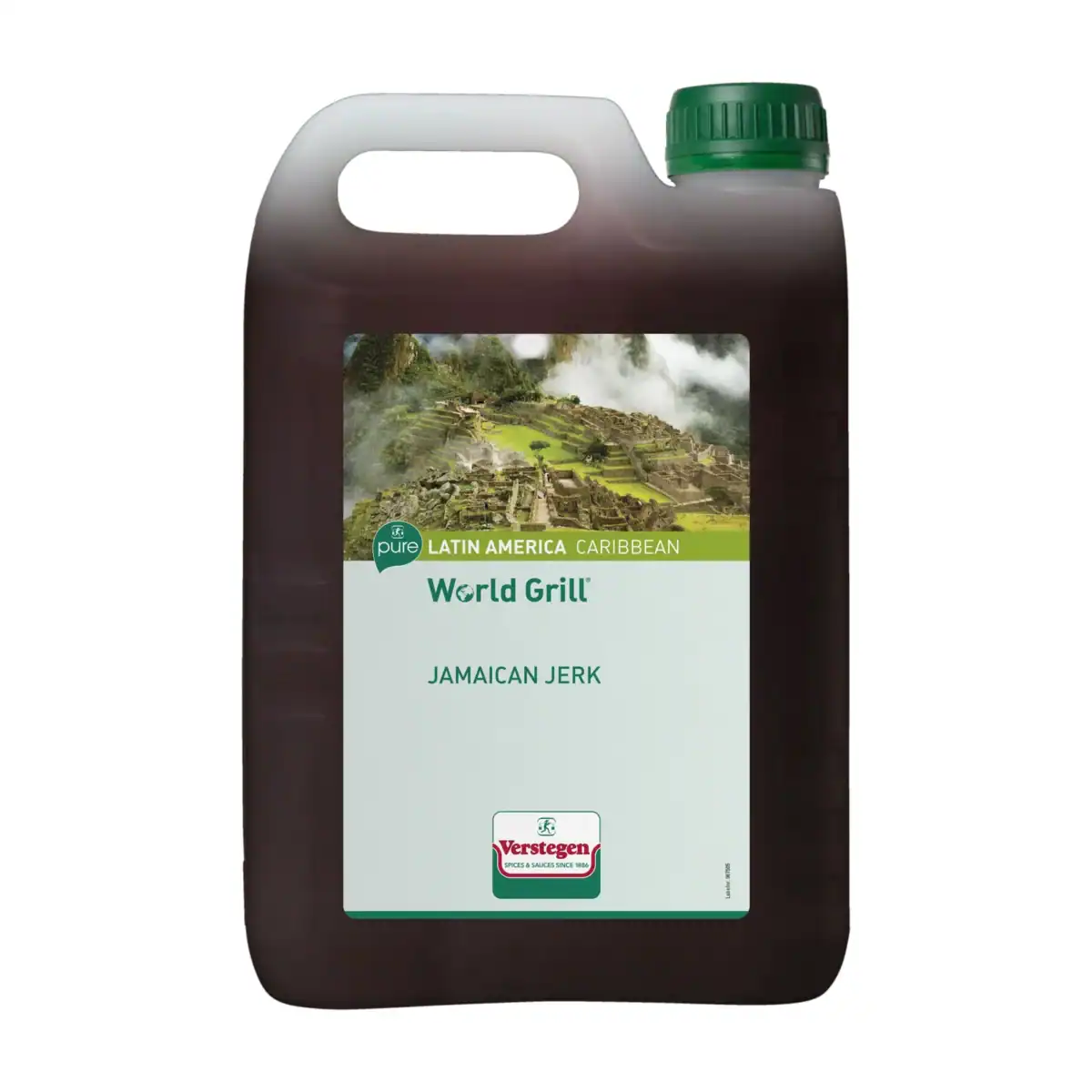 Verstegen World Grill Jamaican Jerk in a 2.5 litre brown jerrycan with a green cap and Caribbean World Grill label