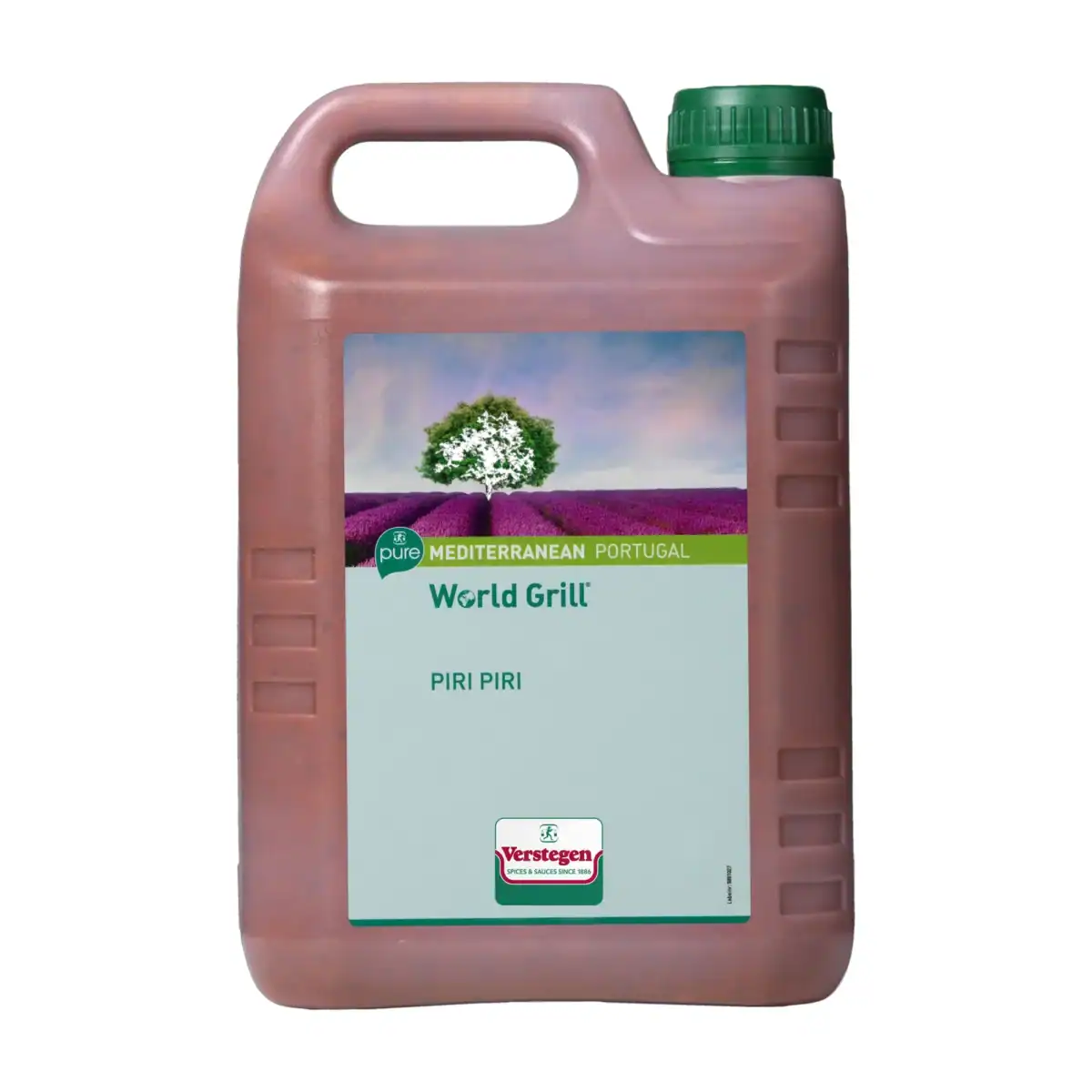 2.5 litre jerrycan of Verstegen World Grill Piri-Piri marinade, deep brick red