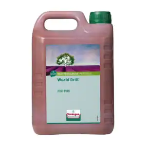 2.5 litre jerrycan of Verstegen World Grill Piri-Piri marinade, deep brick red
