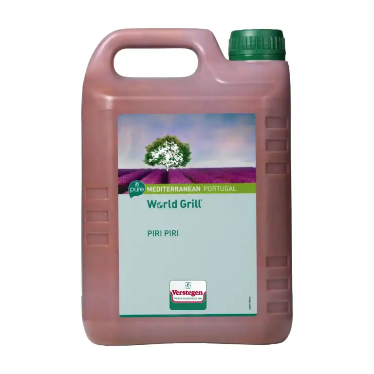 2.5 litre jerrycan of Verstegen World Grill Piri-Piri marinade, deep brick red