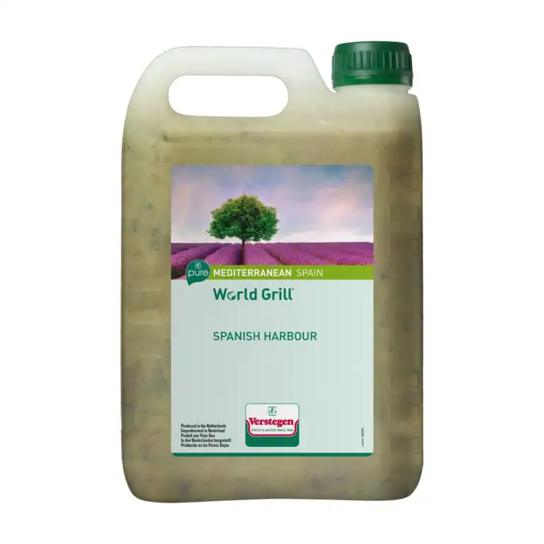 2.5 litre jerrycan of Verstegen World Grill Spanish Harbour marinade, pale olive green with visible herbs